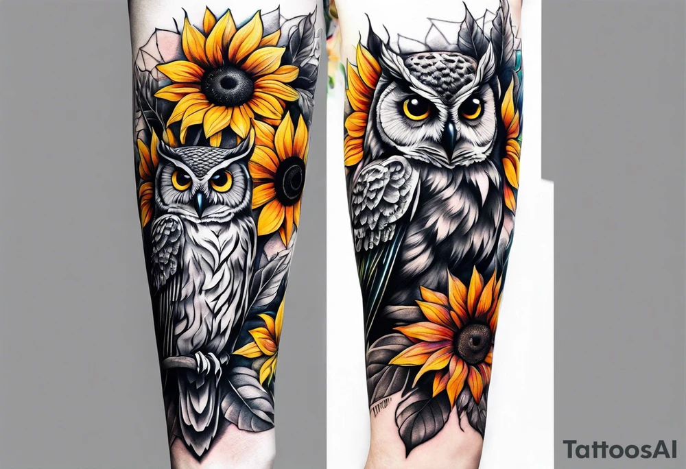 Arm sleeve with colorful sunflowers and an owl tattoo idea