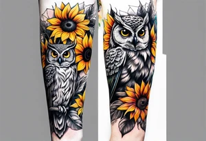 Arm sleeve with colorful sunflowers and an owl tattoo idea