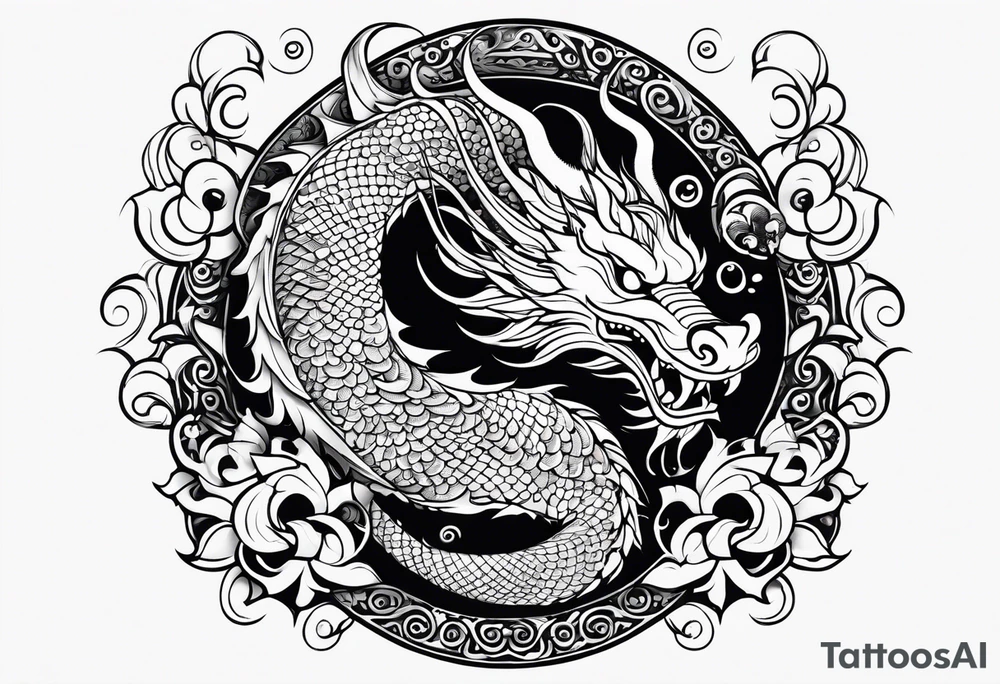 Asian Māori dragon, koi, water, black tattoo idea