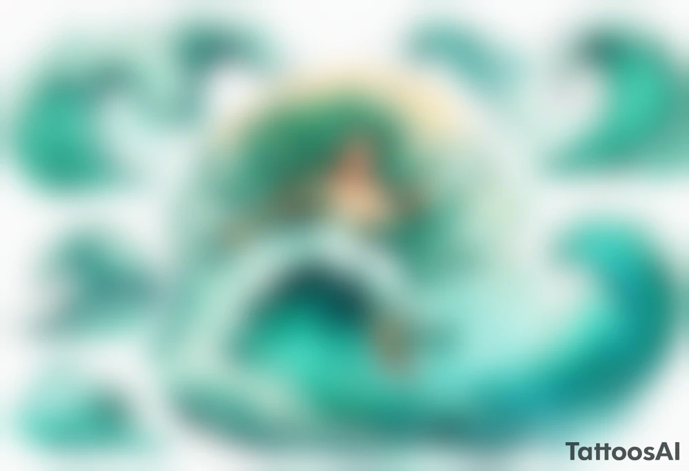 a beautiful chubby turquoise gorgon emerging from an ocean wave, crashing onto the shore tattoo idea