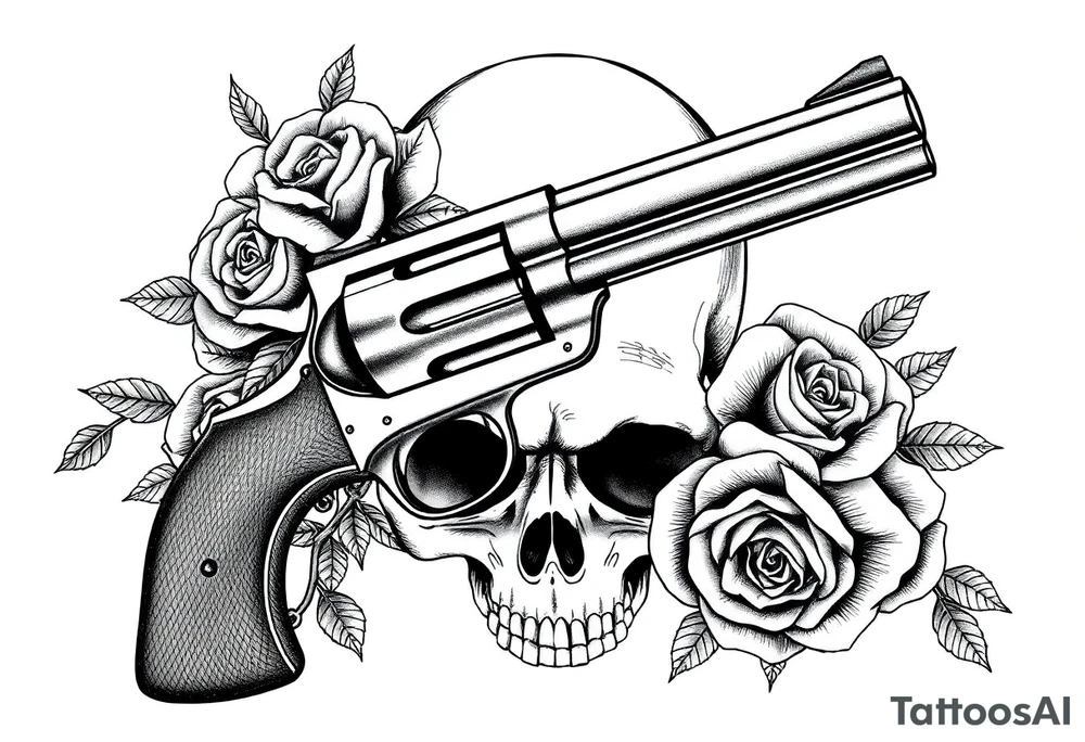 A vintage revolver intertwined with thorny roses, beneath a skull's shadow. tattoo idea
