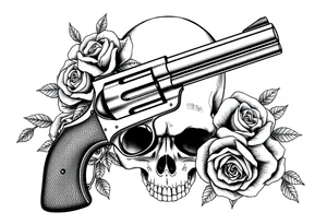 A vintage revolver intertwined with thorny roses, beneath a skull's shadow. tattoo idea