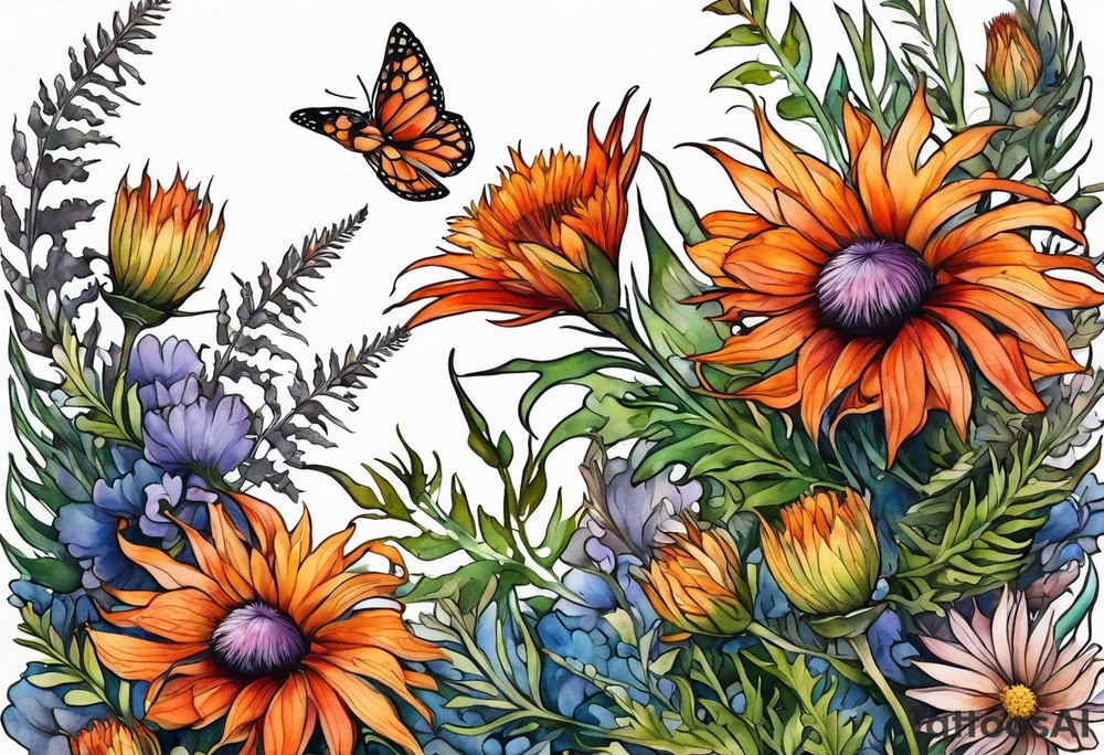 cascading wildflowers with thistles, ferns, burnt orange flowers all in color tattoo idea