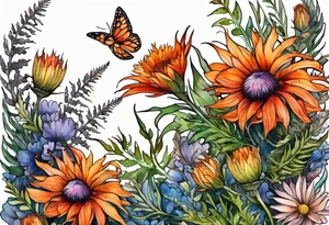 cascading wildflowers with thistles, ferns, burnt orange flowers all in color tattoo idea