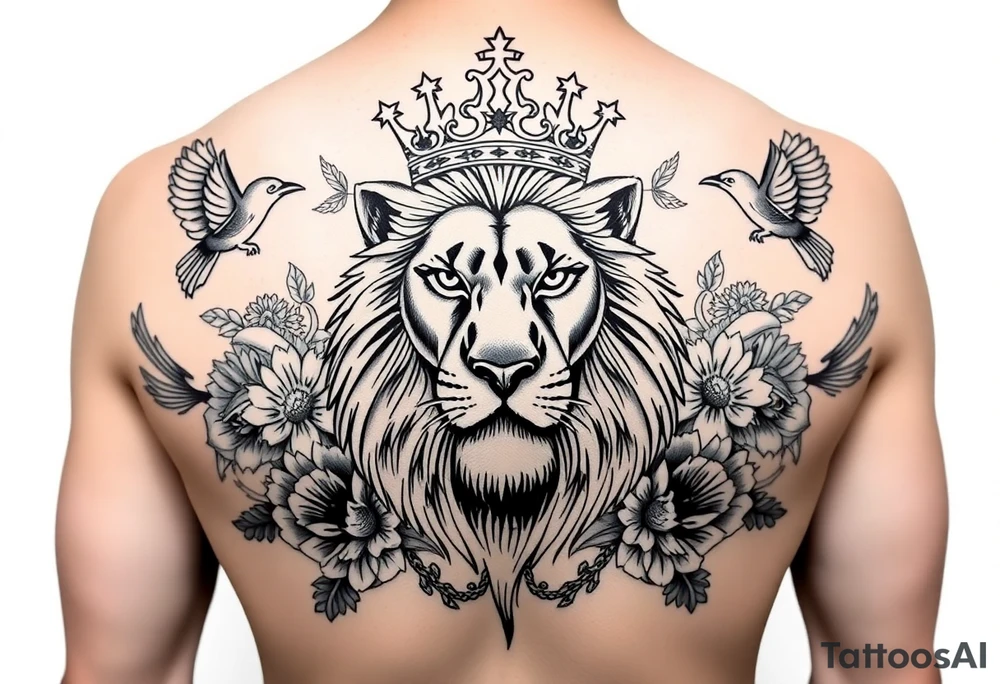 powerful majestic lion with a crown, surrounded by floral ornaments and birds tattoo idea