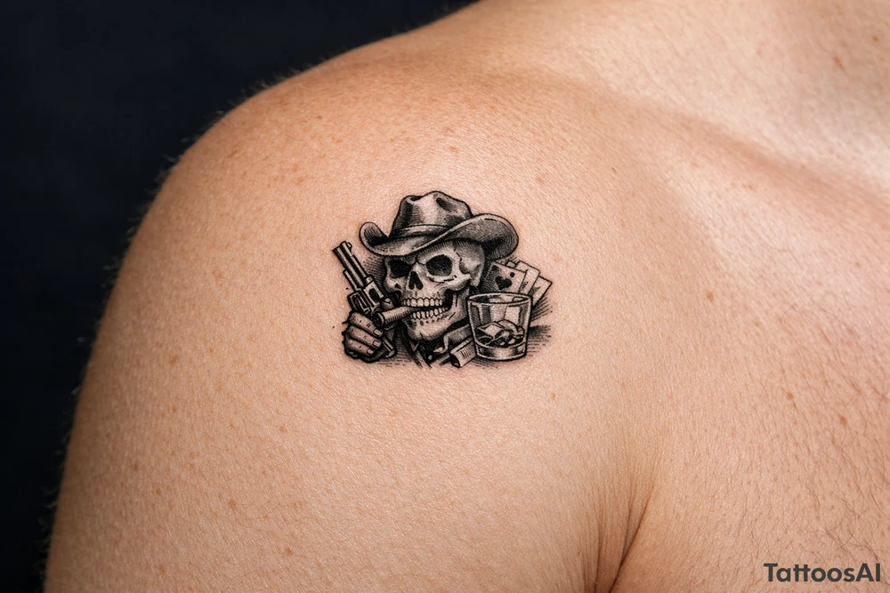skull with cowboy-hat, cigar in his mouth, a gun in a hand, playing cards, whiskey-glass. tattoo idea