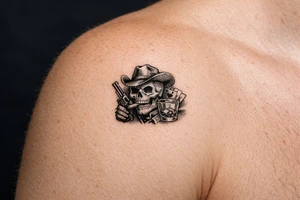 skull with cowboy-hat, cigar in his mouth, a gun in a hand, playing cards, whiskey-glass. tattoo idea