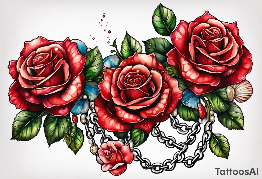 Red roses with a chain made of pearls and seashells tattoo idea