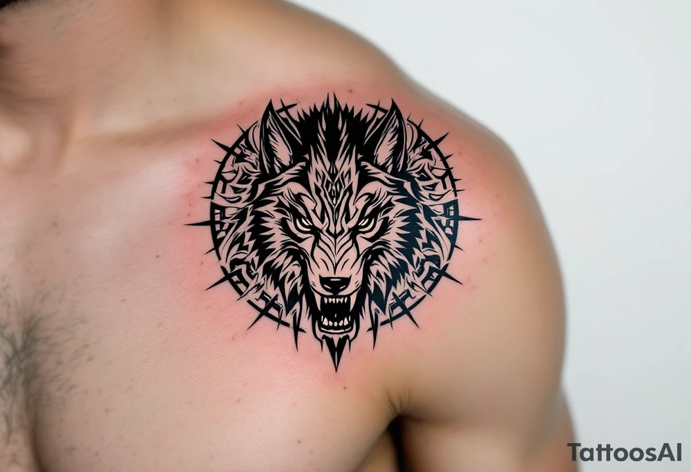 Angry warrior who slays a wolf tattoo idea