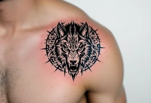 Angry warrior who slays a wolf tattoo idea