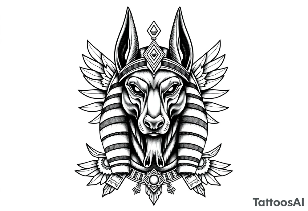 Egyptian Anubis god face muscle in Egypt style  with mantle on head with empty eyes 

dog face surrounded Egyptian symbols based on elements tattoo idea