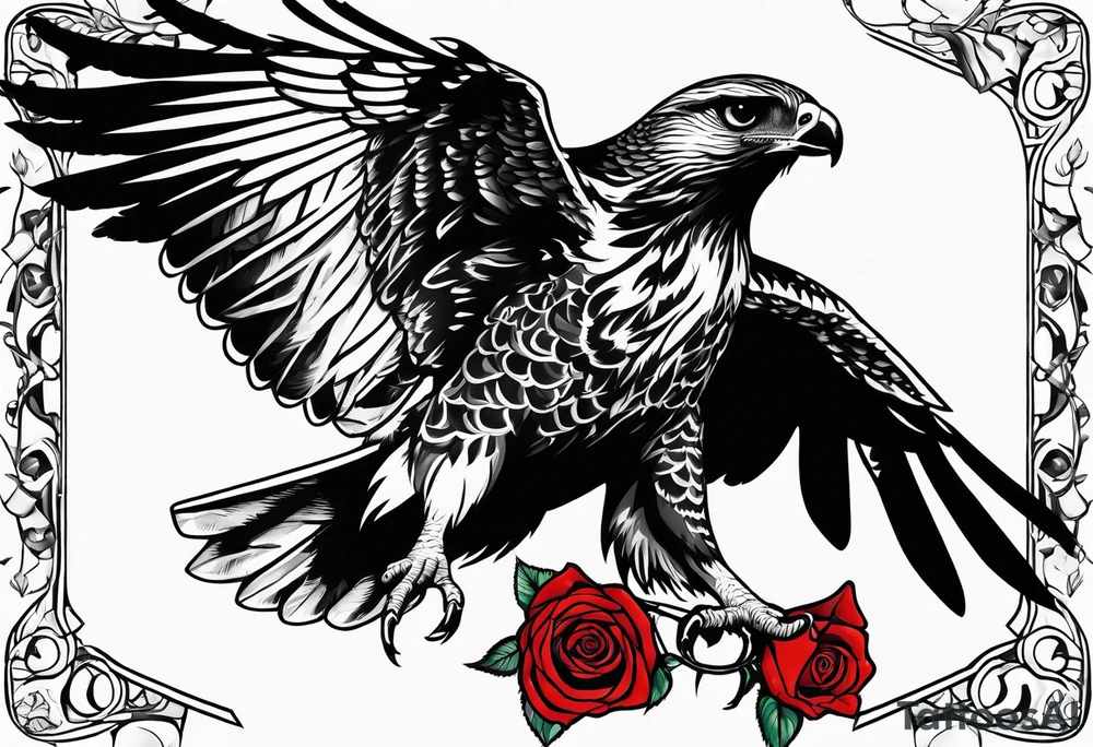 Hawk landing down from the side with rose in mouth tattoo idea
