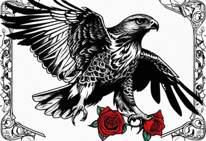 Hawk landing down from the side with rose in mouth tattoo idea