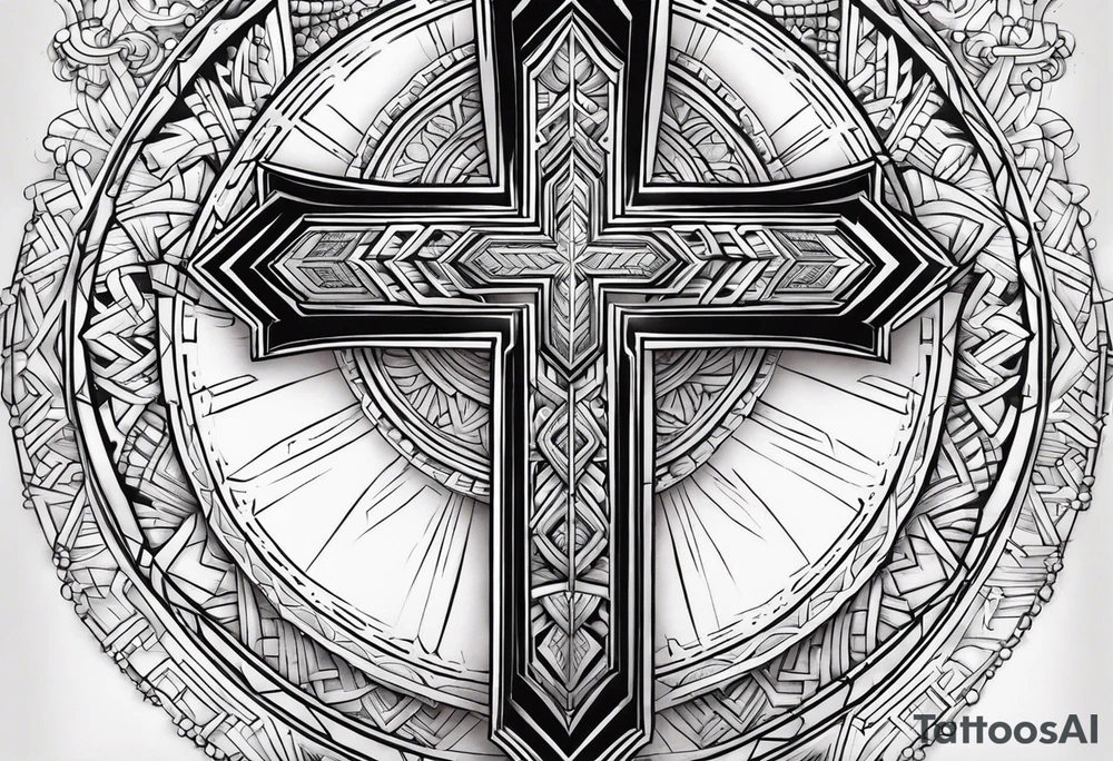 Big cross down the back with samoan patterns tattoo idea