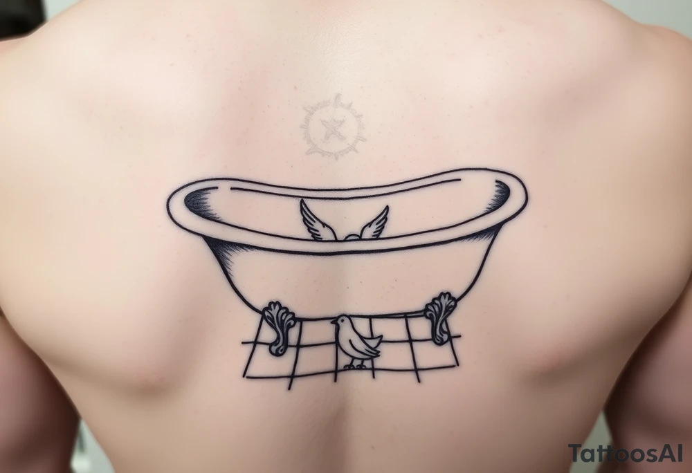 clawfoot bathtub with tile floor visible with a dove on the floor tattoo idea