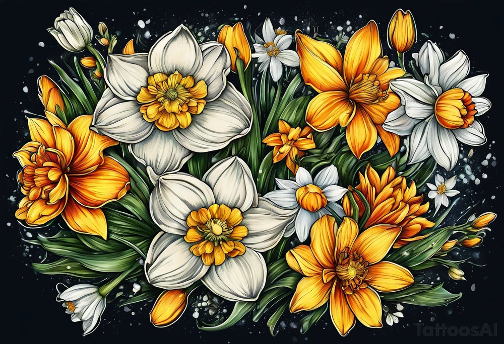 Narcissus, Chrysanthemum, Cosmos, snow drop that shows all the flower stems in a bouquet for the back of the arm. tattoo idea