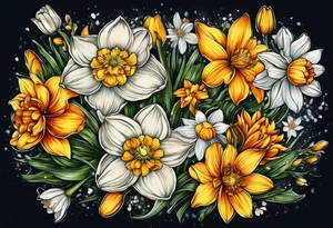 Narcissus, Chrysanthemum, Cosmos, snow drop that shows all the flower stems in a bouquet for the back of the arm. tattoo idea