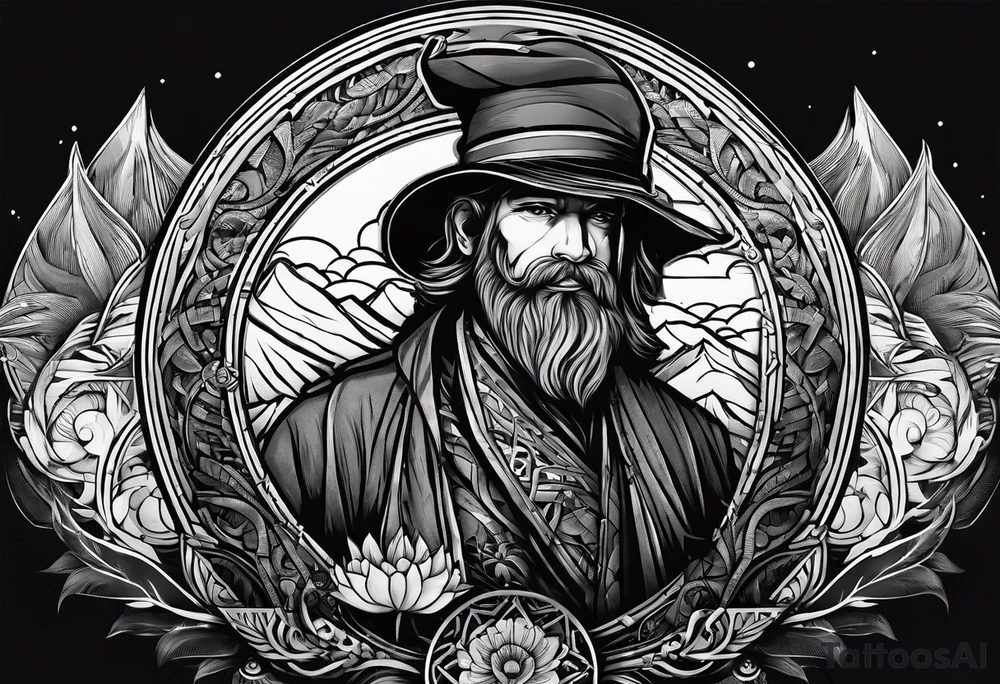 a shil man on a road that is less traveled with "Hark" in a banner with a circular design tattoo idea