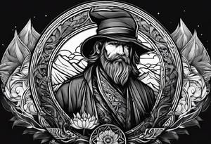 a shil man on a road that is less traveled with "Hark" in a banner with a circular design tattoo idea