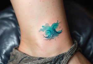 A turquoise wave crashes in delicate linework on the ankle, accented with silver highlights. tattoo idea