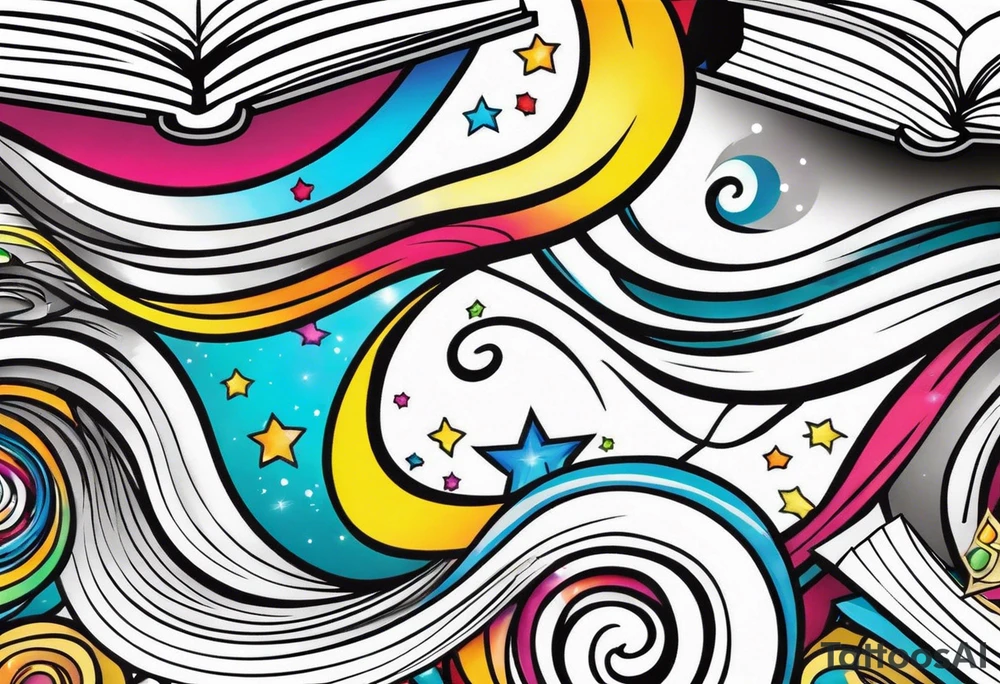 Books with sparkles and swirls tattoo idea