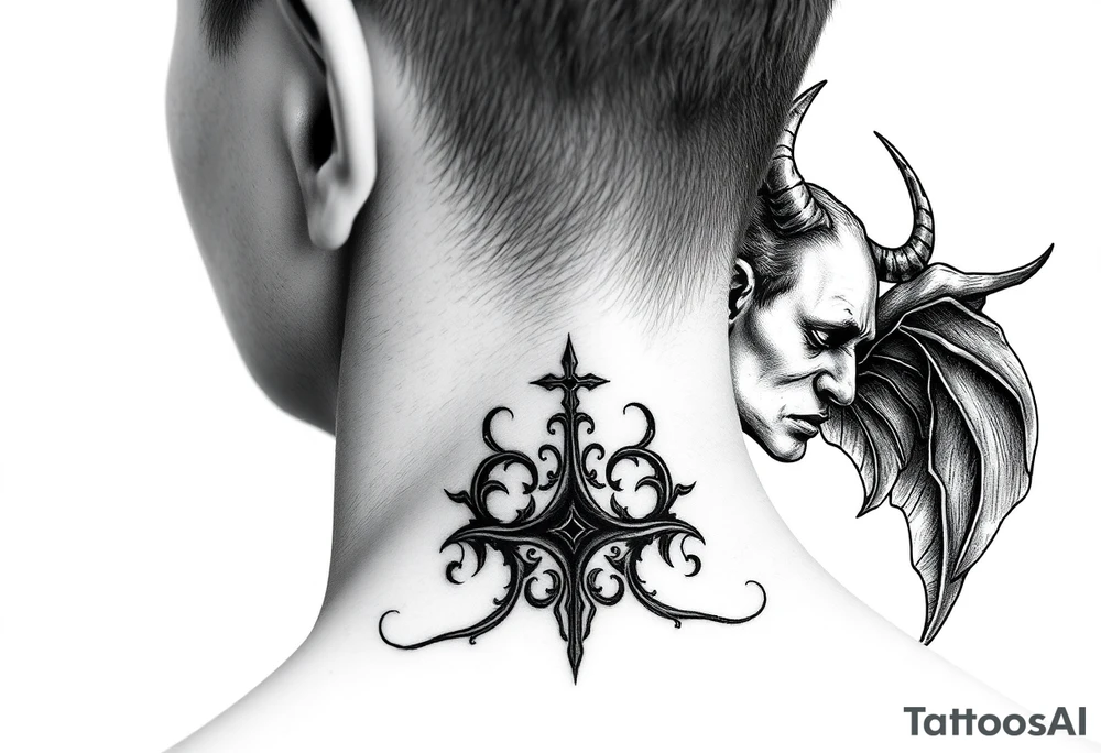 position behind the neck Angel (on the right) whispering in the right ear, demon (on the left) whispering in the left ear tattoo idea