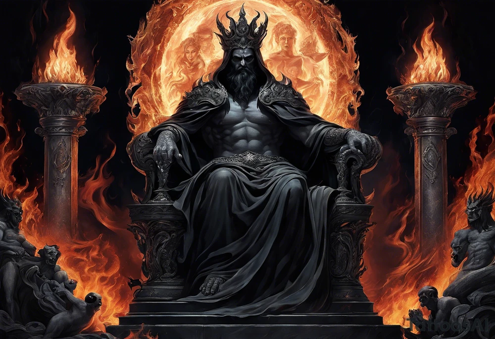 Hades (Left Forearm):

Hades seated on a dark throne in the underworld, surrounded by shadowy figures.
Flames flickering in the background, casting an eerie glow on Hades's features.
Ghostly apparitions and skeletal figures emerging from the darkness, representing souls in the underworld. tattoo idea