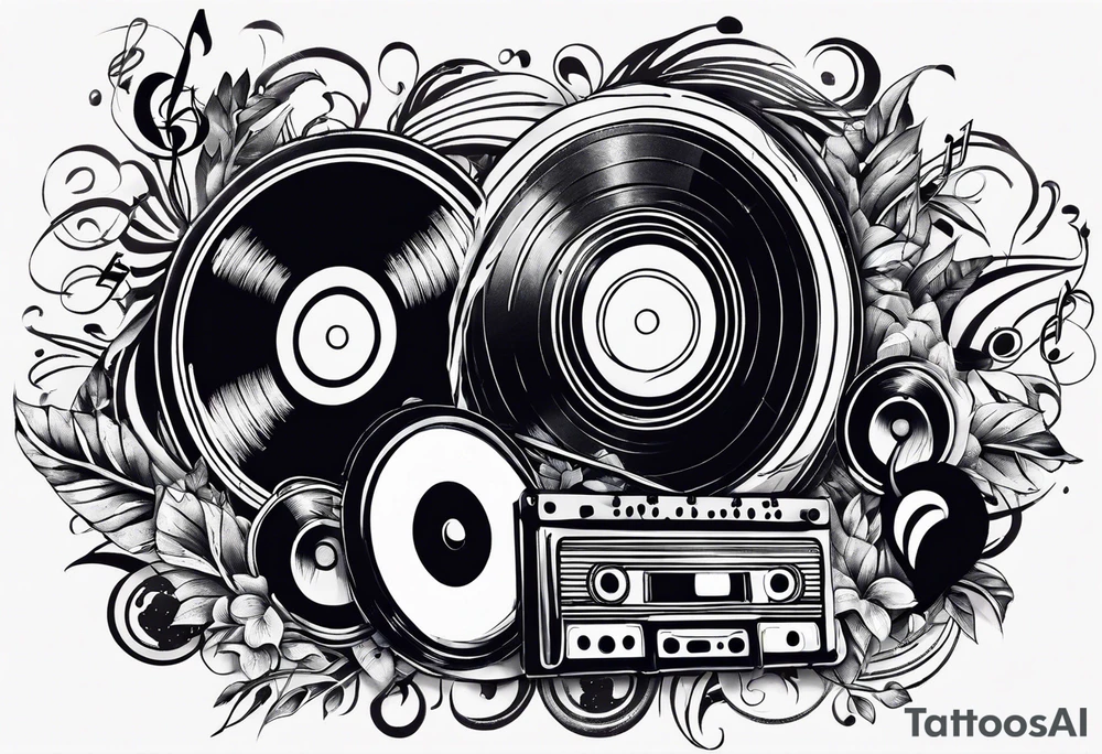 music notes surrounded by a record, a cassette tape, and saxophone parts tattoo idea