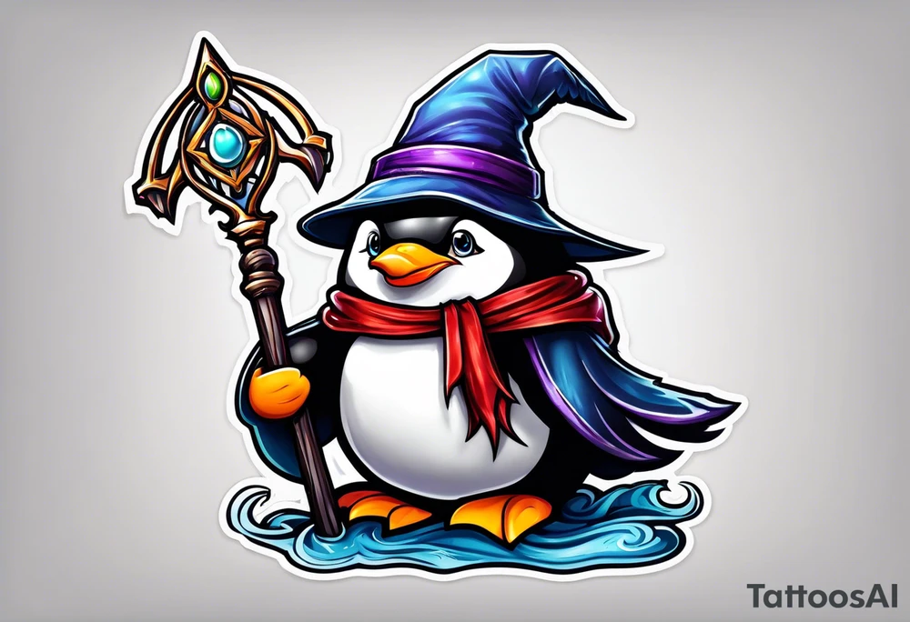 Wizard penguin holding a staff tattoo idea