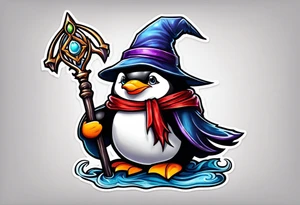 Wizard penguin holding a staff tattoo idea