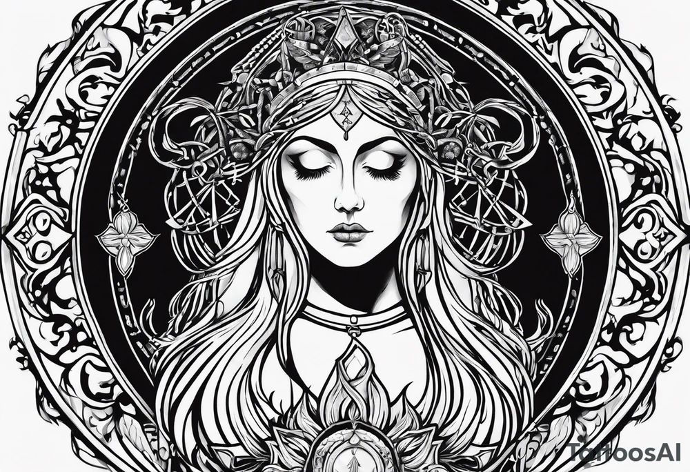 A full back piece themed on the surname mcbride and the irish saint brigid. It should take inspiration from artwork of saint brigid holding fire in her hands. It should have the text Vincit Pericula Virtus on it tattoo idea