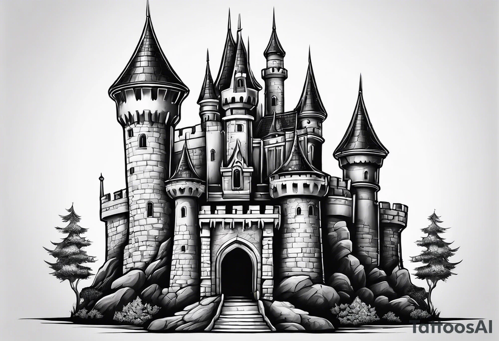 A Castle that has legs and arms on the walls tattoo idea