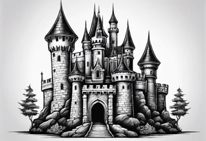 A Castle that has legs and arms on the walls tattoo idea