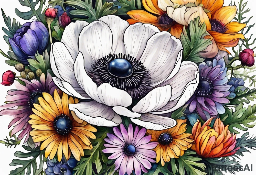 a white anemone with black center with equal sized mixed colorful wildflowers all with different shapes including thistles, ferns, ranuculus, and sun flowers all in watercolor tattoo idea