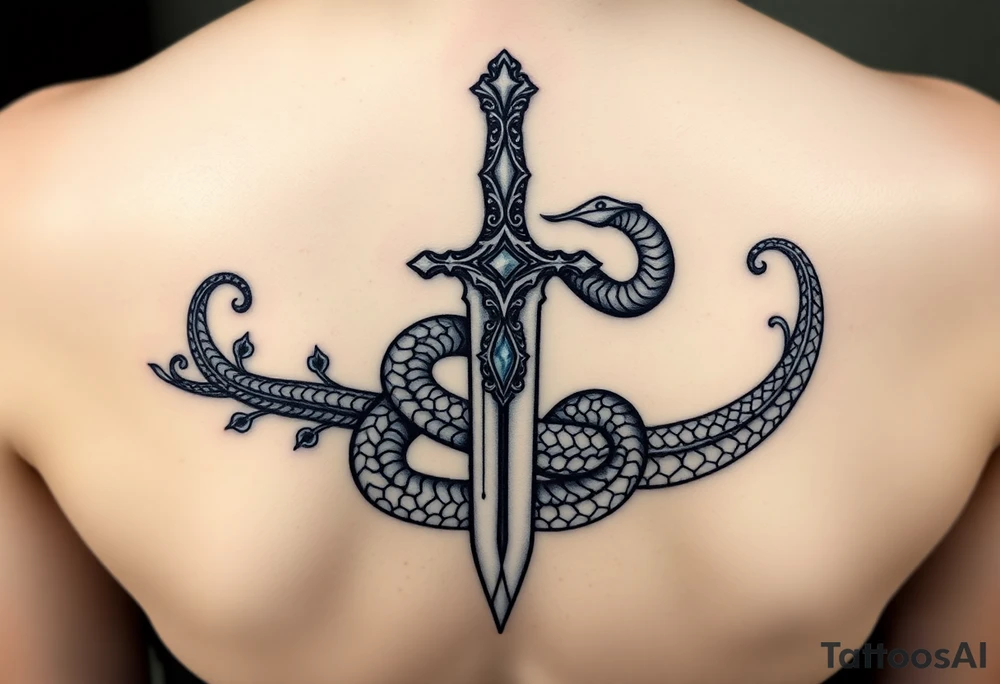mystical snake coiled around an ancient dagger with jeweled hilt tattoo idea