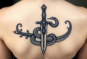 mystical snake coiled around an ancient dagger with jeweled hilt tattoo idea