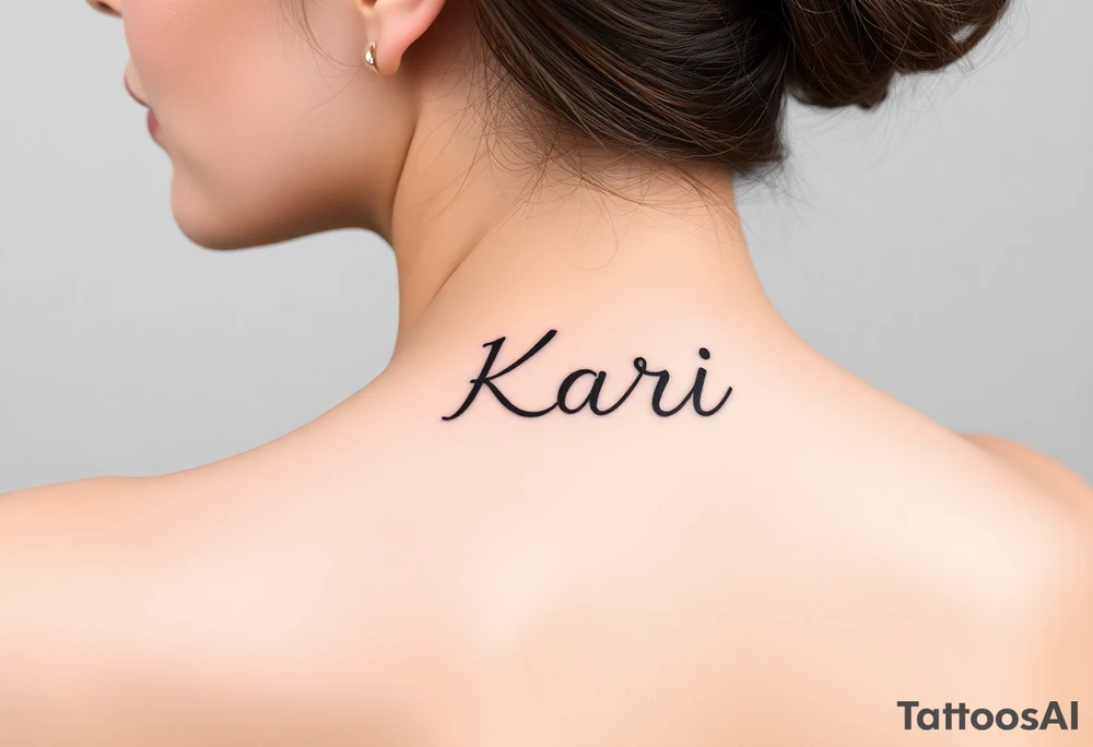 The word “Kari” going up and down directionally on side of face by sideburns tattoo idea