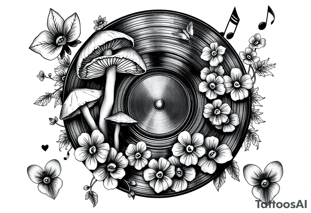 vinyl record with mushrooms, flowers, hearts, and music notes tattoo idea