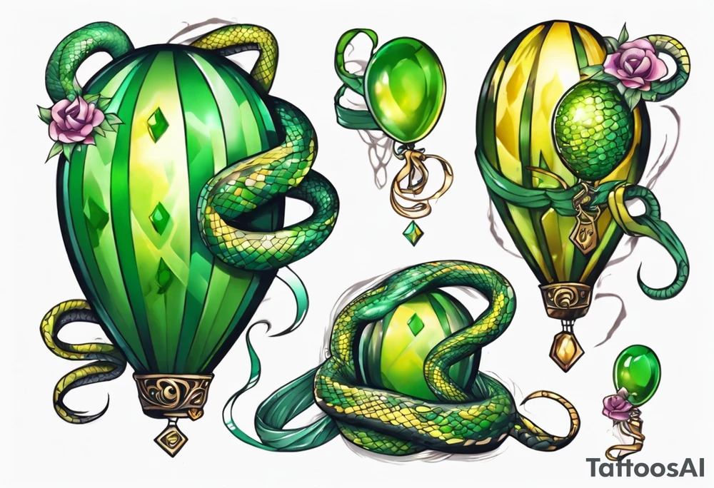 python regius with colored ballons aside and a green gem on the other side tattoo idea