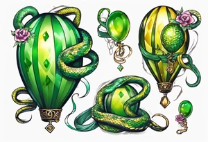python regius with colored ballons aside and a green gem on the other side tattoo idea