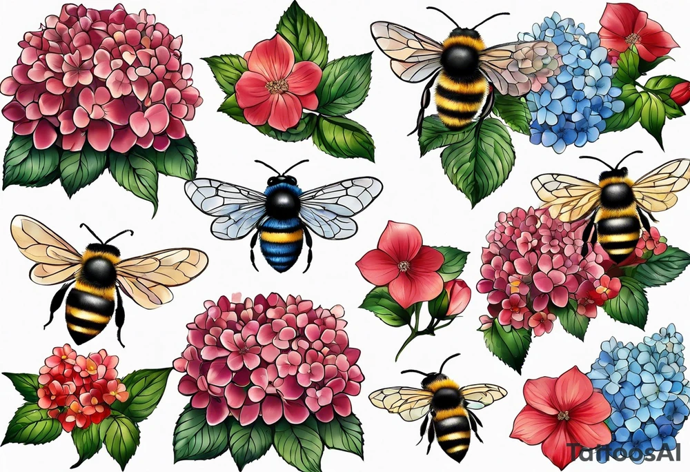 Small tattoo. There’s a hydrangea and a bee but they are not touching. Make the bee smaller than the hydrangea and have the bee off to the side. Bee is smaller than the hydrangea tattoo idea