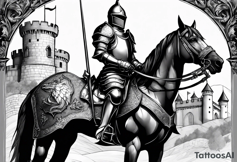 knight in armor full body with castle in background and dragon tattoo idea