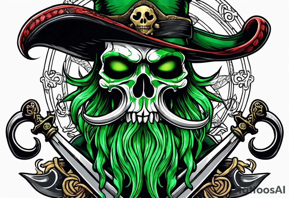 green pirate squid holding sword and anchor, black hat, skull face, beard tattoo idea