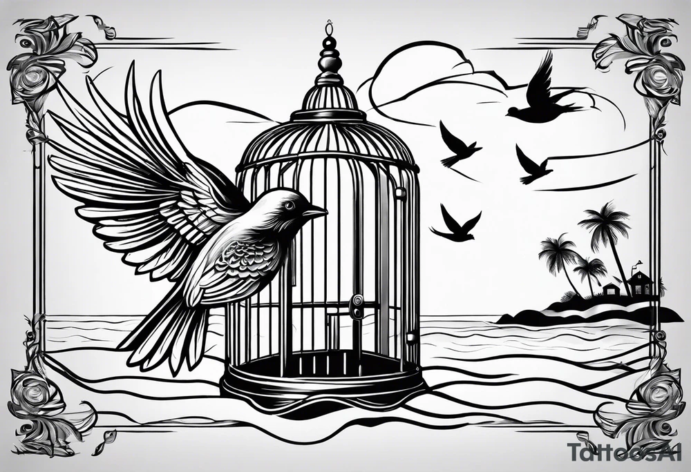A birdcage with and open door, with a bird flying out, on the
beach tattoo idea