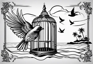 A birdcage with and open door, with a bird flying out, on the
beach tattoo idea