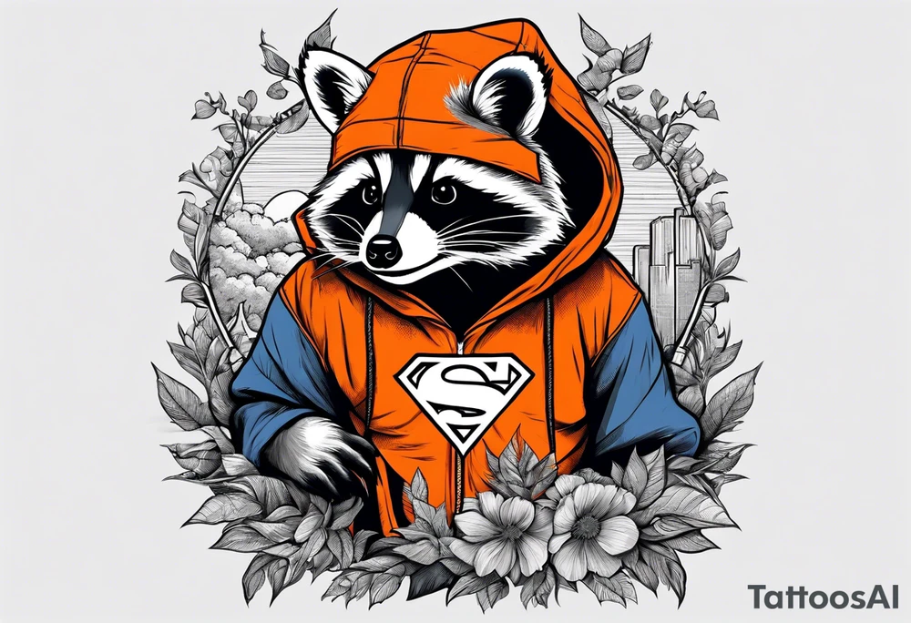 Raccoon wearing an orange Superman hoodie tattoo idea