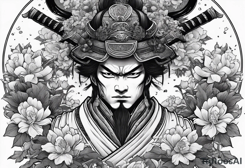 samurai experiencing enlightenment making dead flowers bloom around him tattoo idea