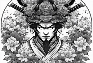 samurai experiencing enlightenment making dead flowers bloom around him tattoo idea