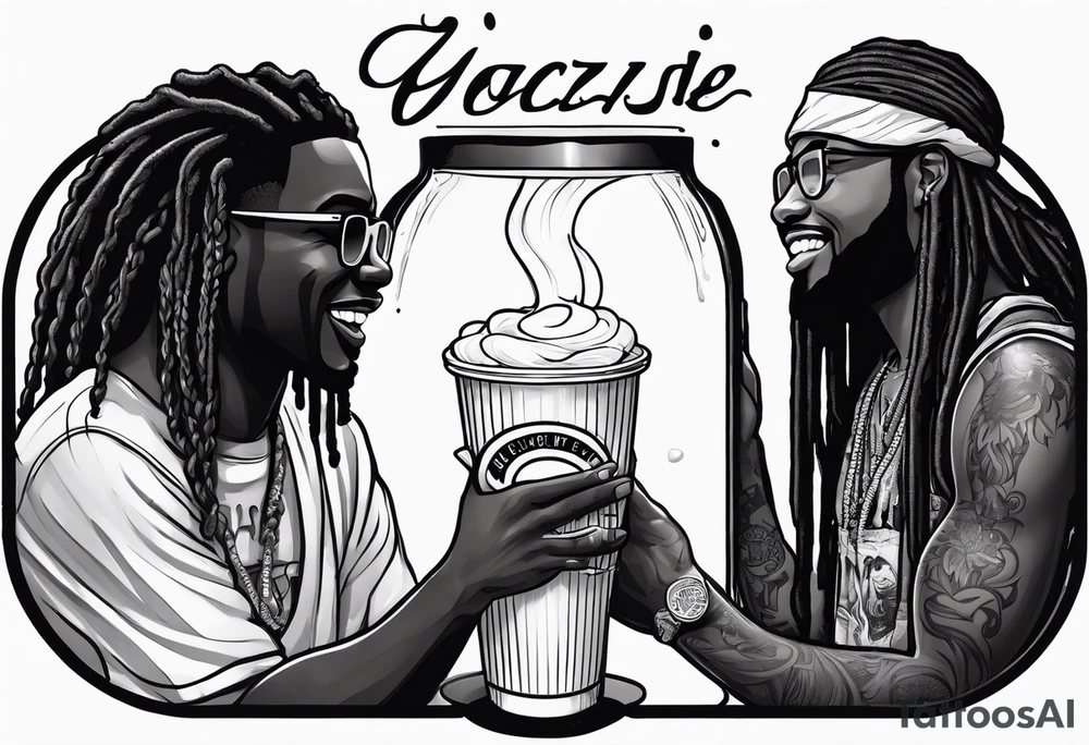 Black guy with dreads inside a foam cup like it’s a jacuzzi with two white girls with the words “Goodvibes in my cup” tattoo idea