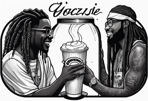 Black guy with dreads inside a foam cup like it’s a jacuzzi with two white girls with the words “Goodvibes in my cup” tattoo idea